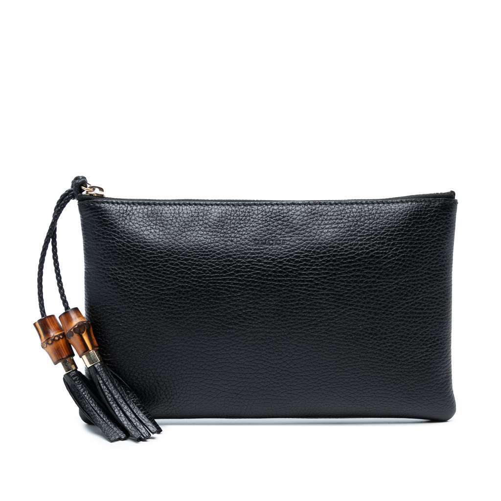 Gucci Calfskin Bamboo Clutch Black Leather Good - Front View