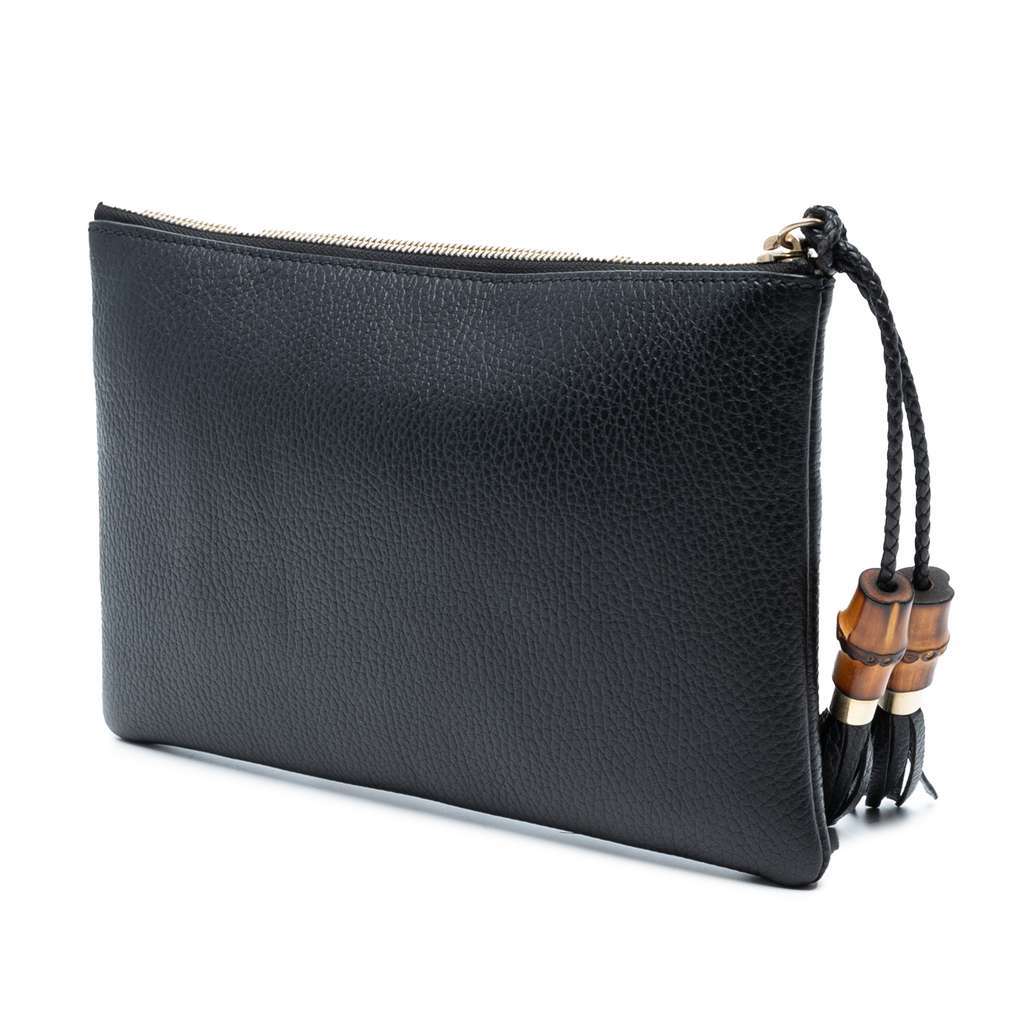 Gucci Calfskin Bamboo Clutch Black Leather Good - Back View