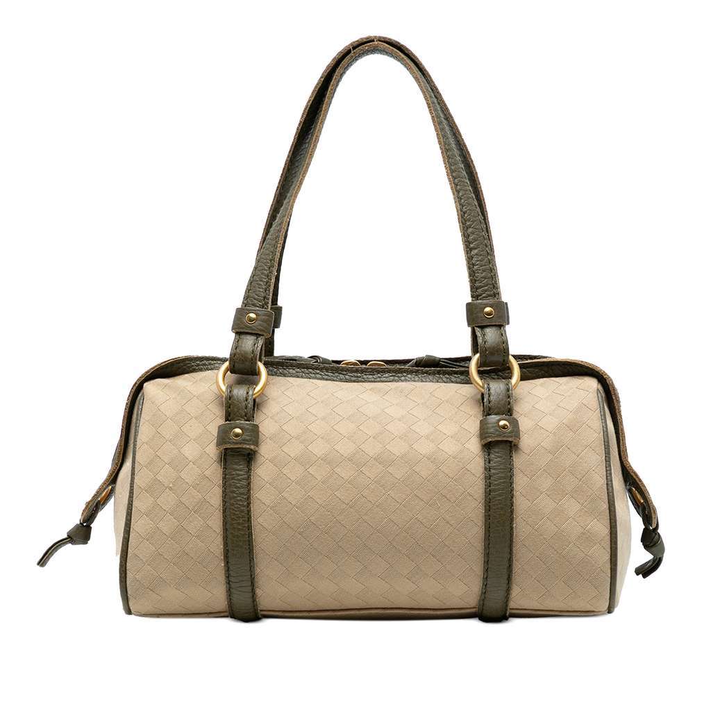 Bottega Veneta Leather Trimmed Satin Intrecciato Boston Bag Brown Satin Good - Front View
