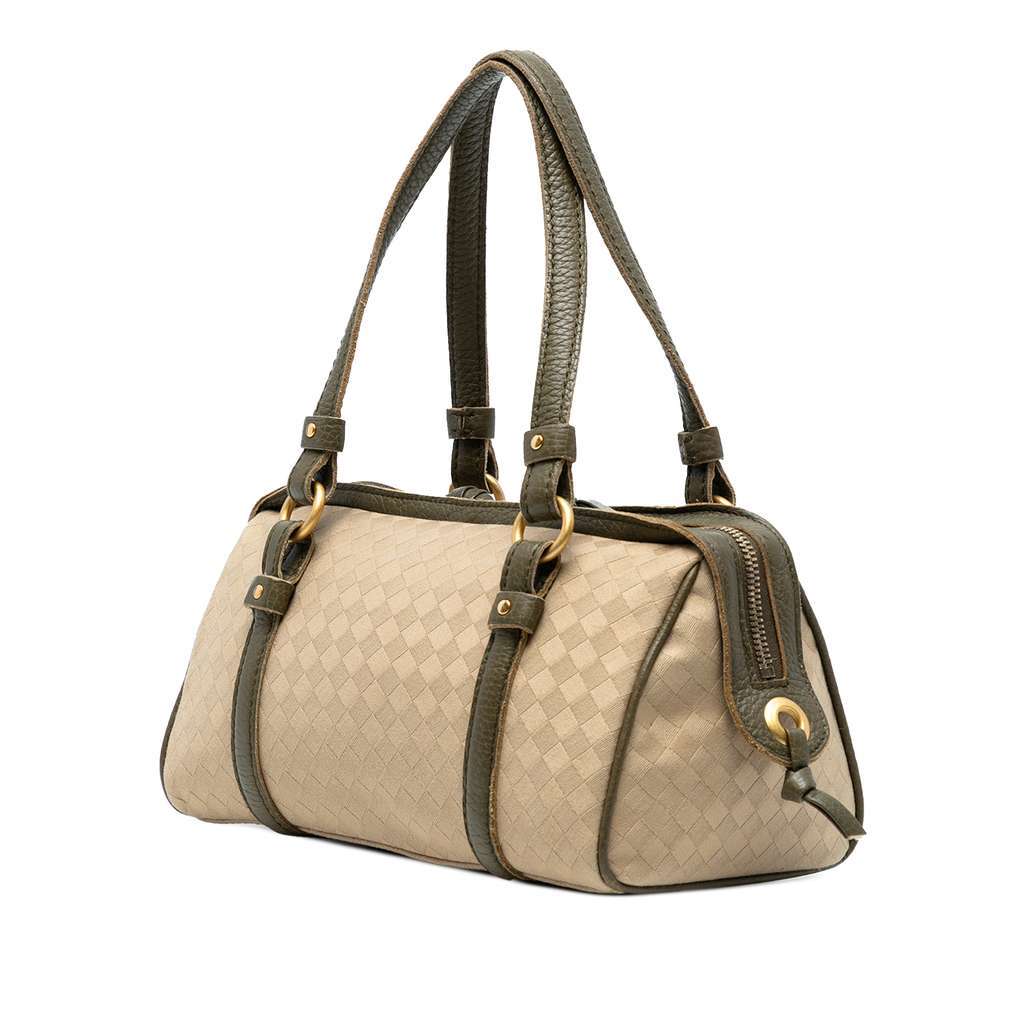 Bottega Veneta Leather Trimmed Satin Intrecciato Boston Bag Brown Satin Good - Back View