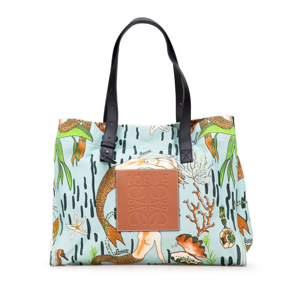 Loewe Paulas Ibiza Medium Canvas Mermaid Print Tote Blue Canvas Very good condition - Front View