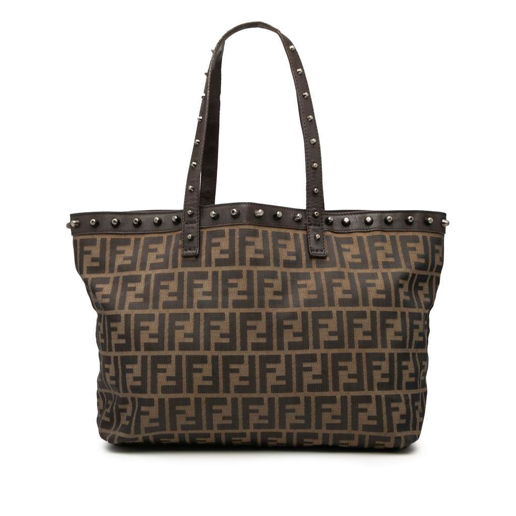 Fendi Medium Zucca Canvas Studded Roll Tote Brown Canvas Good - Front View