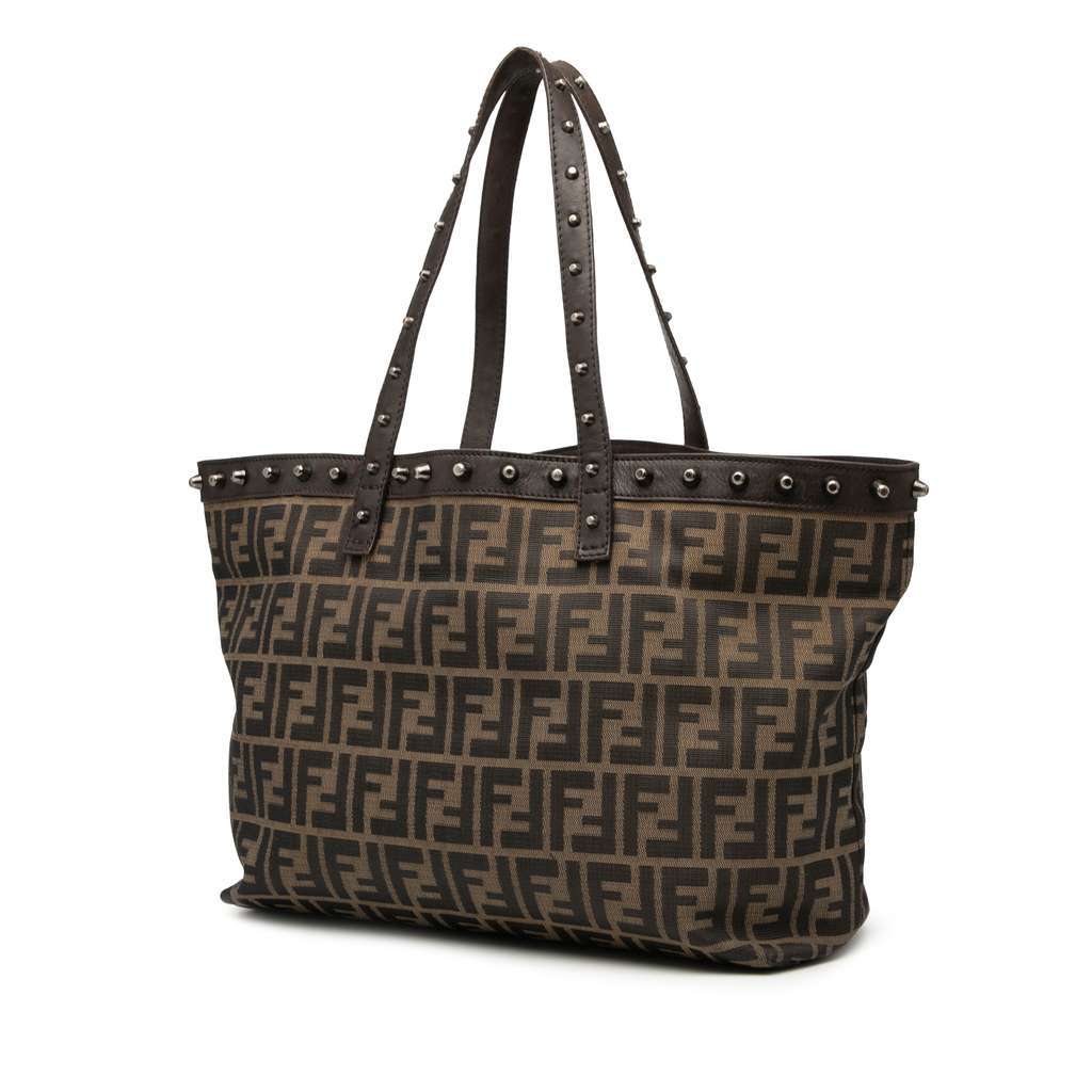 Fendi Medium Zucca Canvas Studded Roll Tote Brown Canvas Good - Back View