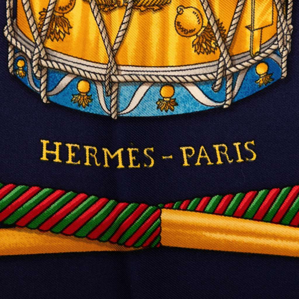 Hermès Les Tambours Silk Scarf 90 Blue Silk Good condition - Inside View