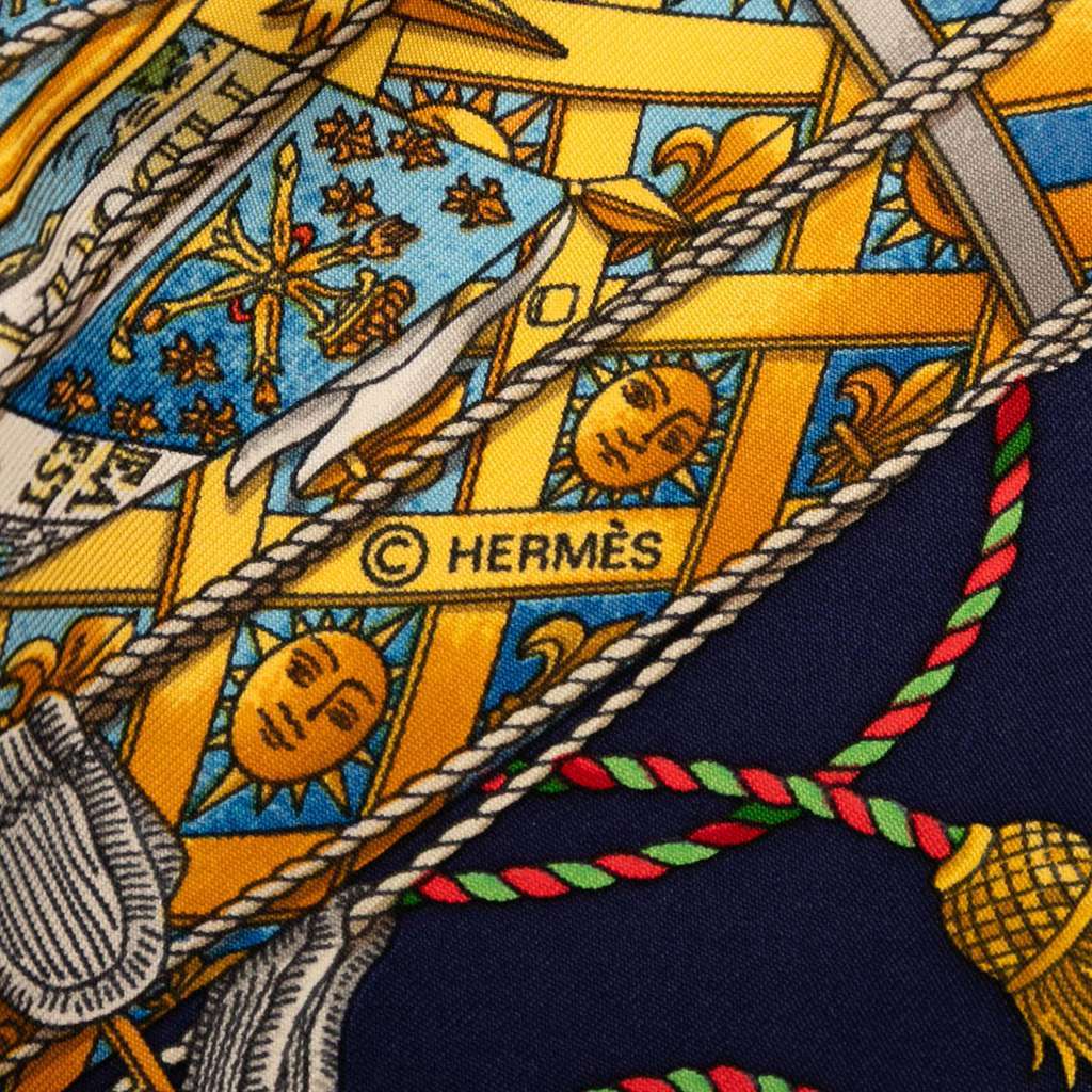 Hermès Les Tambours Silk Scarf 90 Blue Silk Good condition - Model View