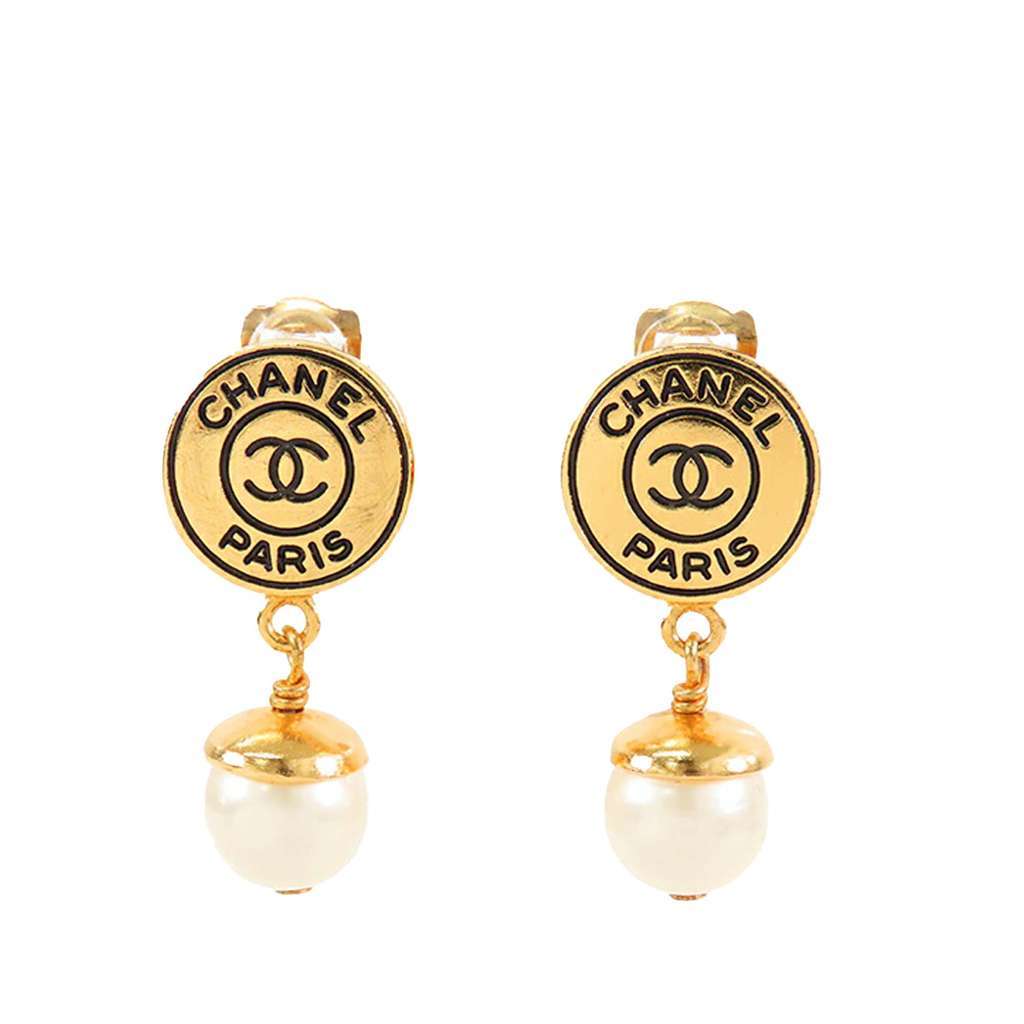 Chanel CC Gold Plated Faux Pearl Drop Clip On Earrings Gold Metal Very good - Front View