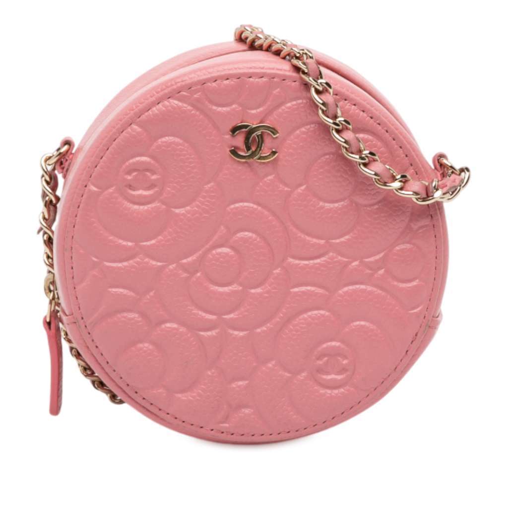Chanel CC Embossed Caviar Camellia Round Clutch With Chain Pink Leather Very good - Front View