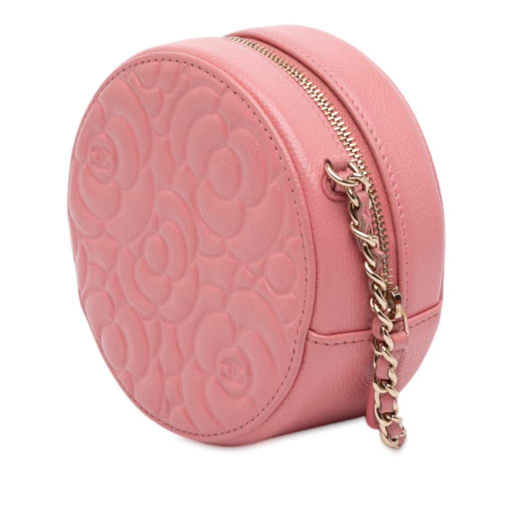 Chanel CC Embossed Caviar Camellia Round Clutch With Chain Pink Leather Very good - Back View