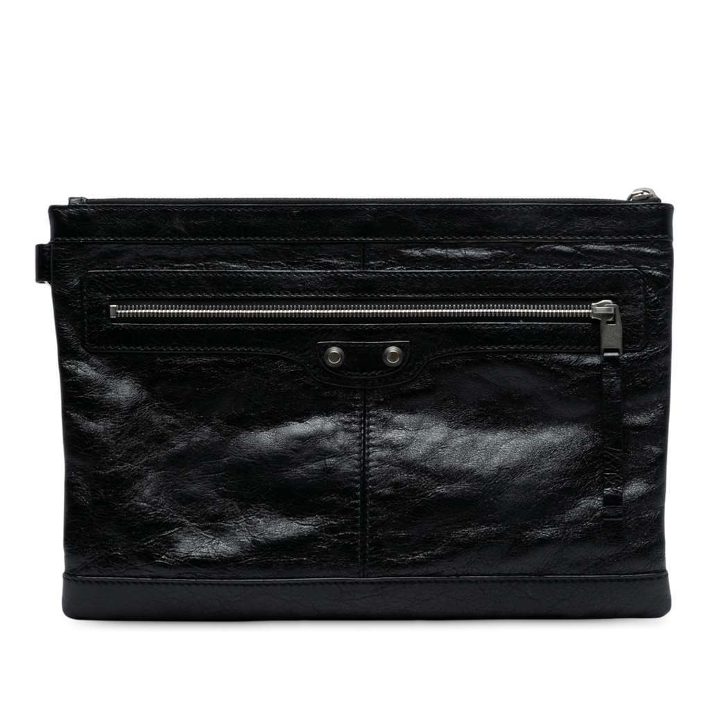 Balenciaga Lambskin Motocross Classic Clip M Clutch Black Leather Good - Front View