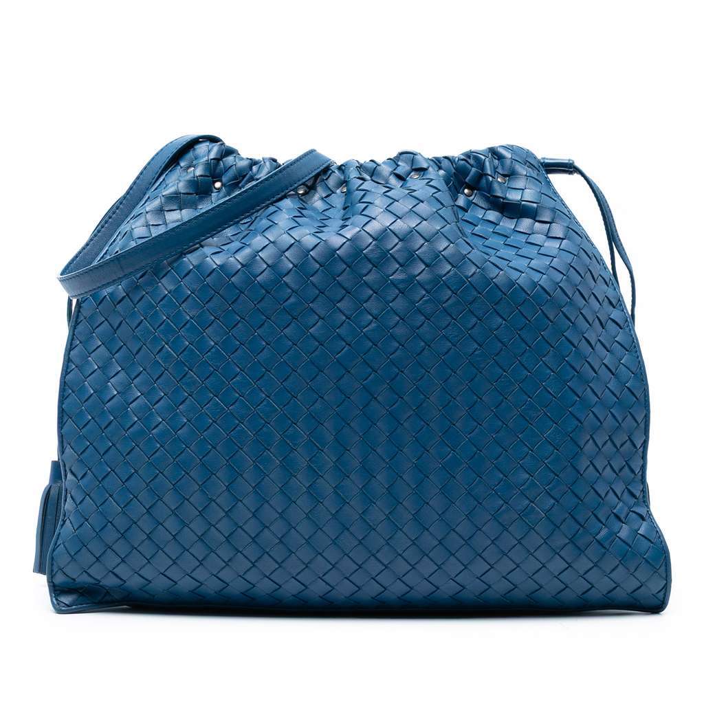 Bottega Veneta Nappa Intrecciato Drawstring Shoulder Bag Blue Leather Good - Front View