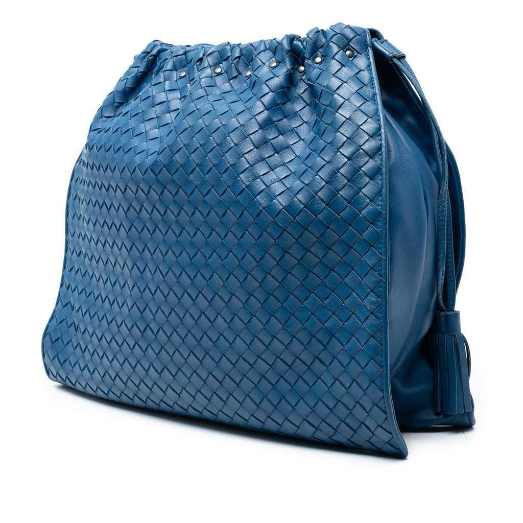 Bottega Veneta Nappa Intrecciato Drawstring Shoulder Bag Blue Leather Good - Back View