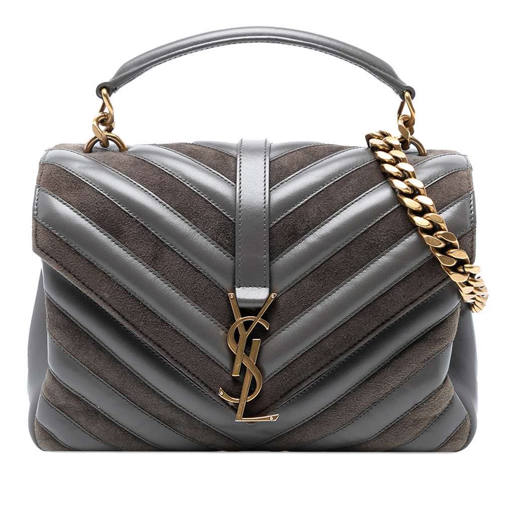 Saint Laurent Medium Calfskin and Suede Chevron Monogram College Satchel Grey Leather Good - Front View