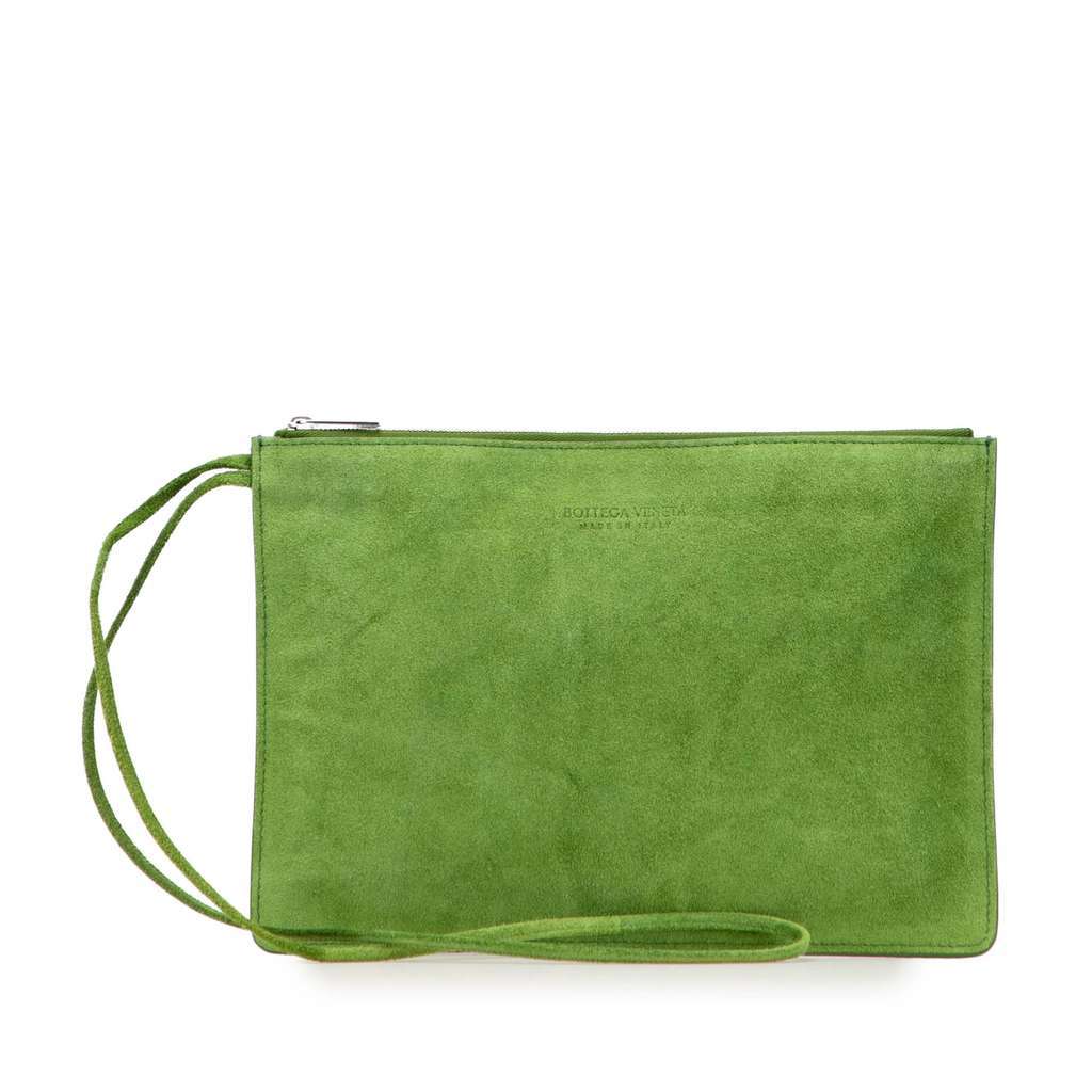 Bottega Veneta Suede Clutch Green Leather Very good - Front View