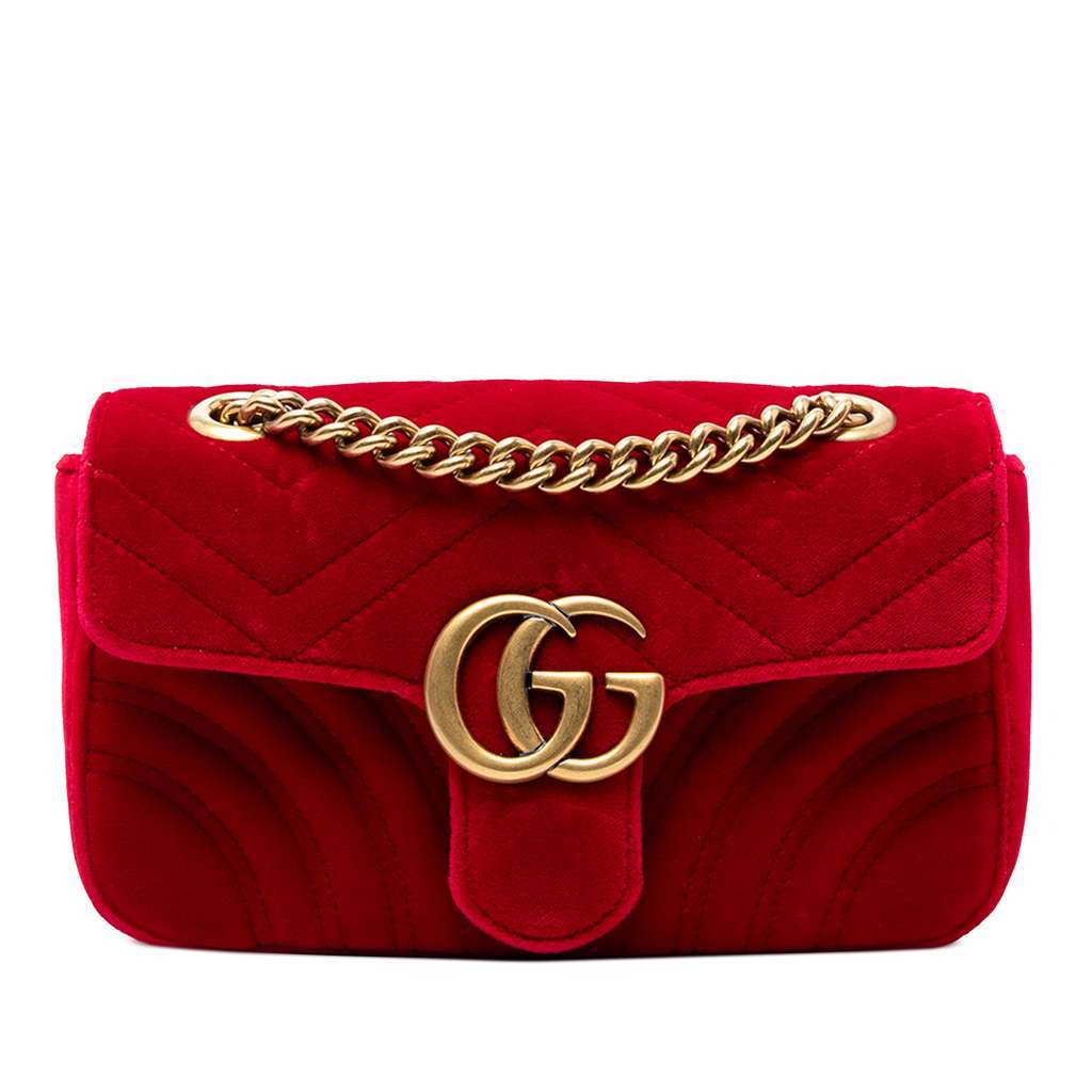 Gucci Small GG Marmont Matelasse Velvet Shoulder Bag Red Velvet Good - Front View