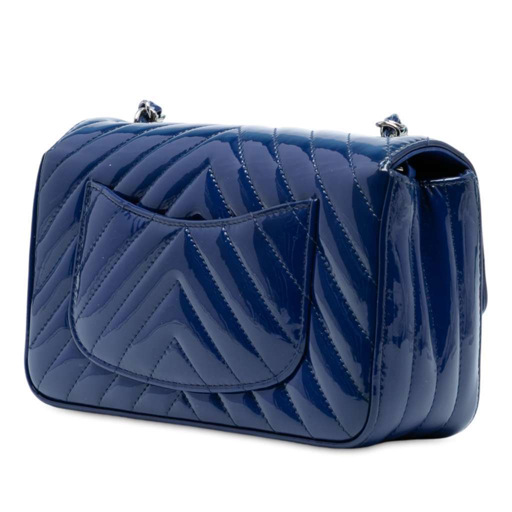 Chanel Mini Rectangular Classic Chevron Patent Single Flap Blue Leather Very good condition - Back View