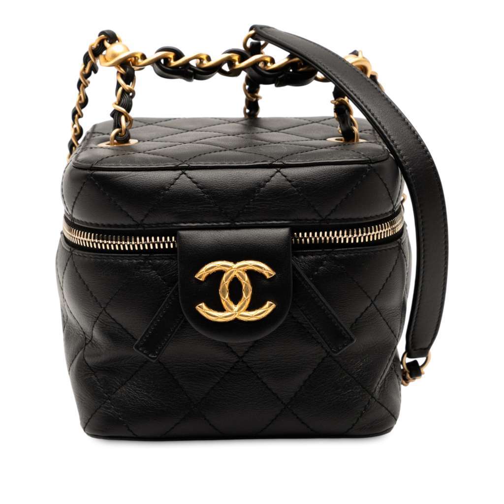 Chanel CC Quilted Calfskin Chain Top Handle Vanity Case on Strap Black Leather Very good condition - Front View