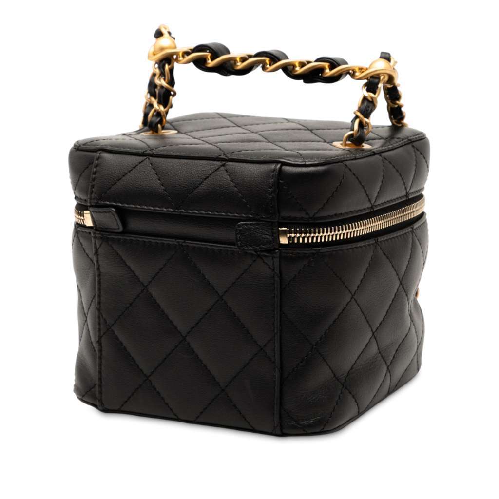 Chanel CC Quilted Calfskin Chain Top Handle Vanity Case on Strap Black Leather Very good condition - Back View