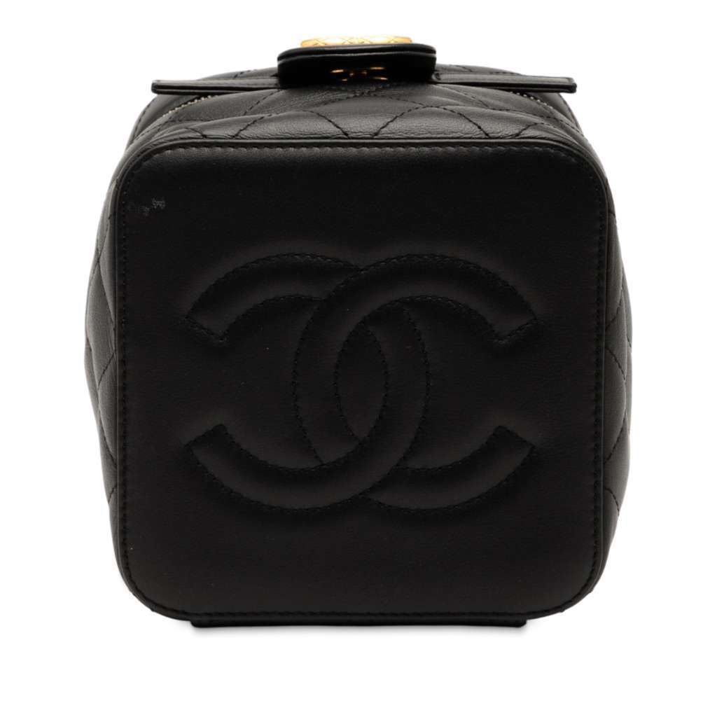 Chanel CC Quilted Calfskin Chain Top Handle Vanity Case on Strap Black Leather Very good condition - Inside View