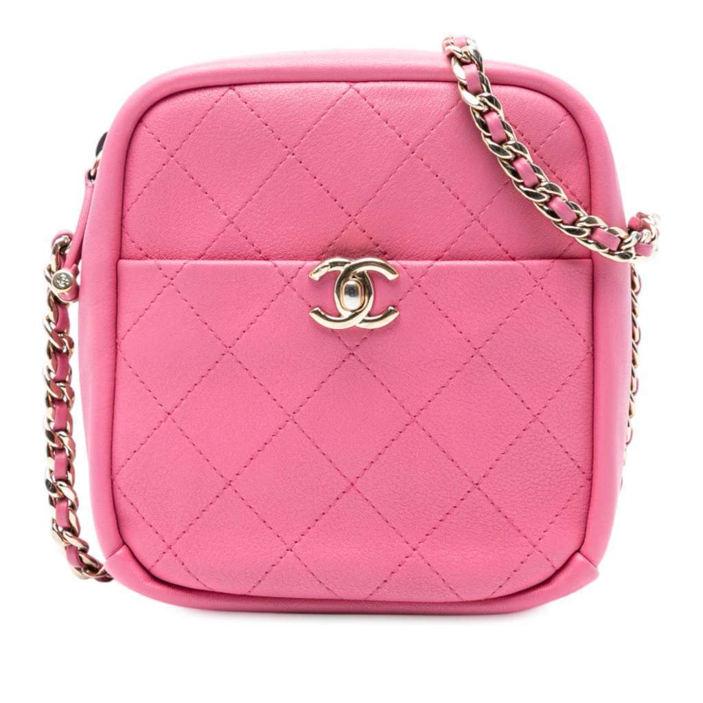 Chanel Stitched Goatskin Casual Trip North South Camera Case Pink Leather Good - Front View