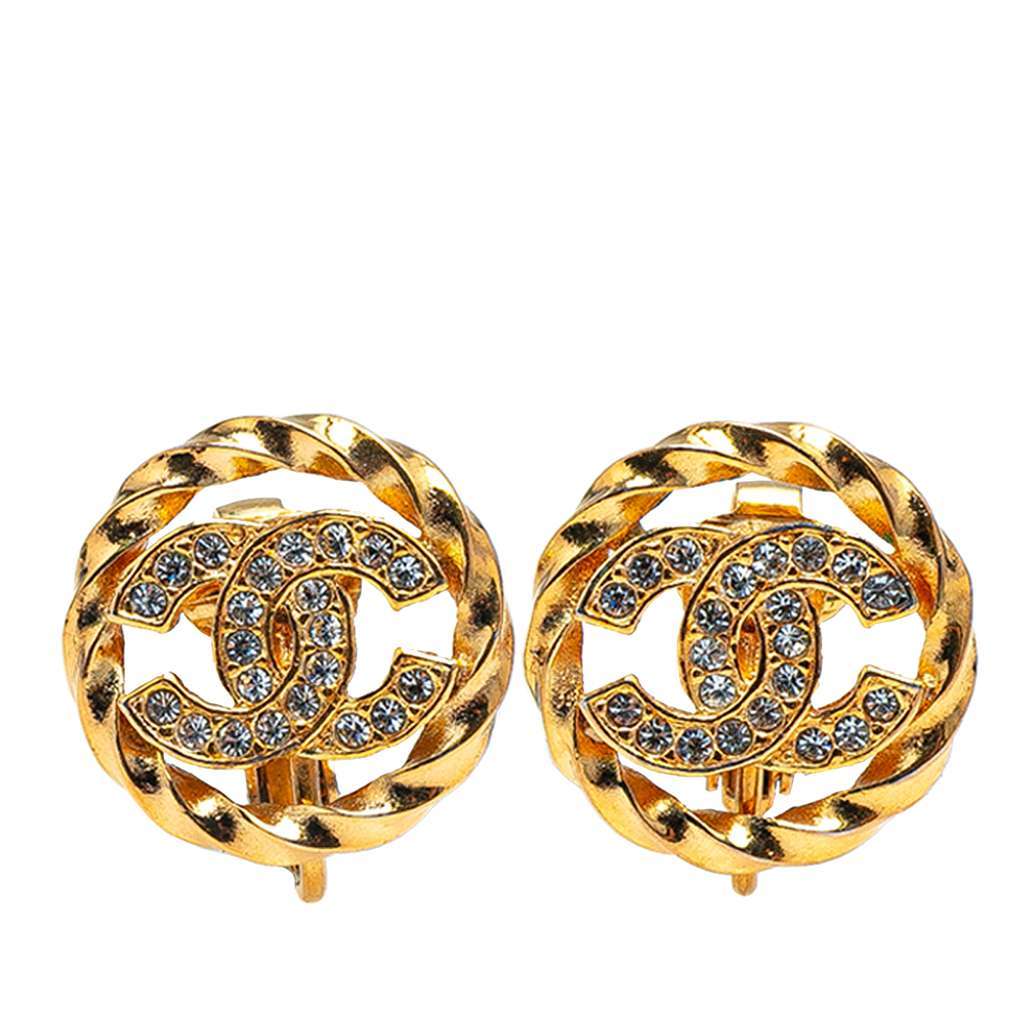 Chanel Gold Plated CC Crystal Clip On Earrings Gold Metal Good - Front View