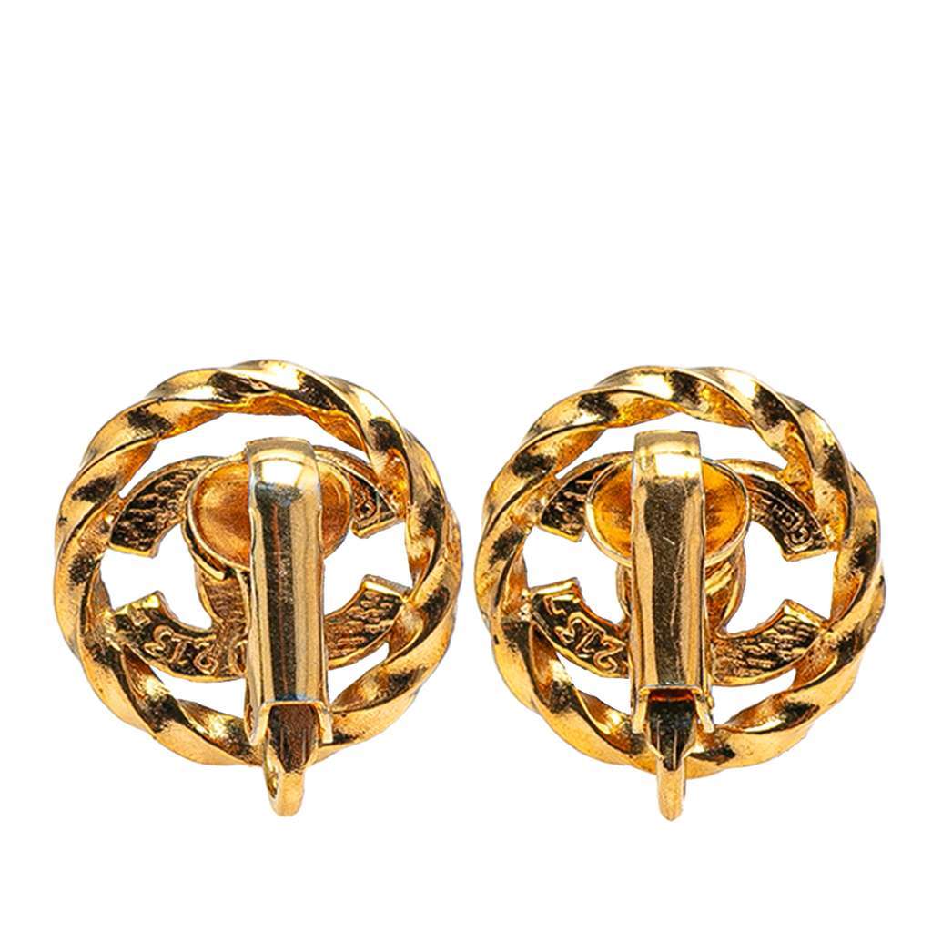 Chanel Gold Plated CC Crystal Clip On Earrings Gold Metal Good - Back View
