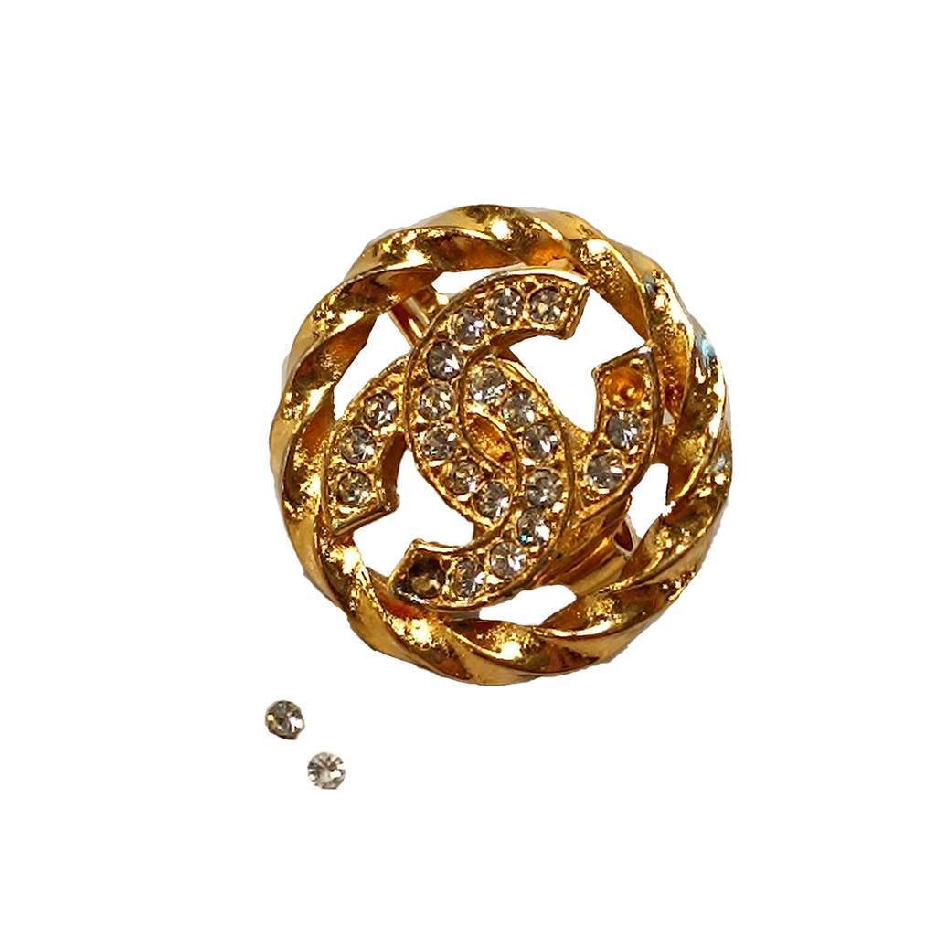 Chanel Gold Plated CC Crystal Clip On Earrings Gold Metal Good - Model View