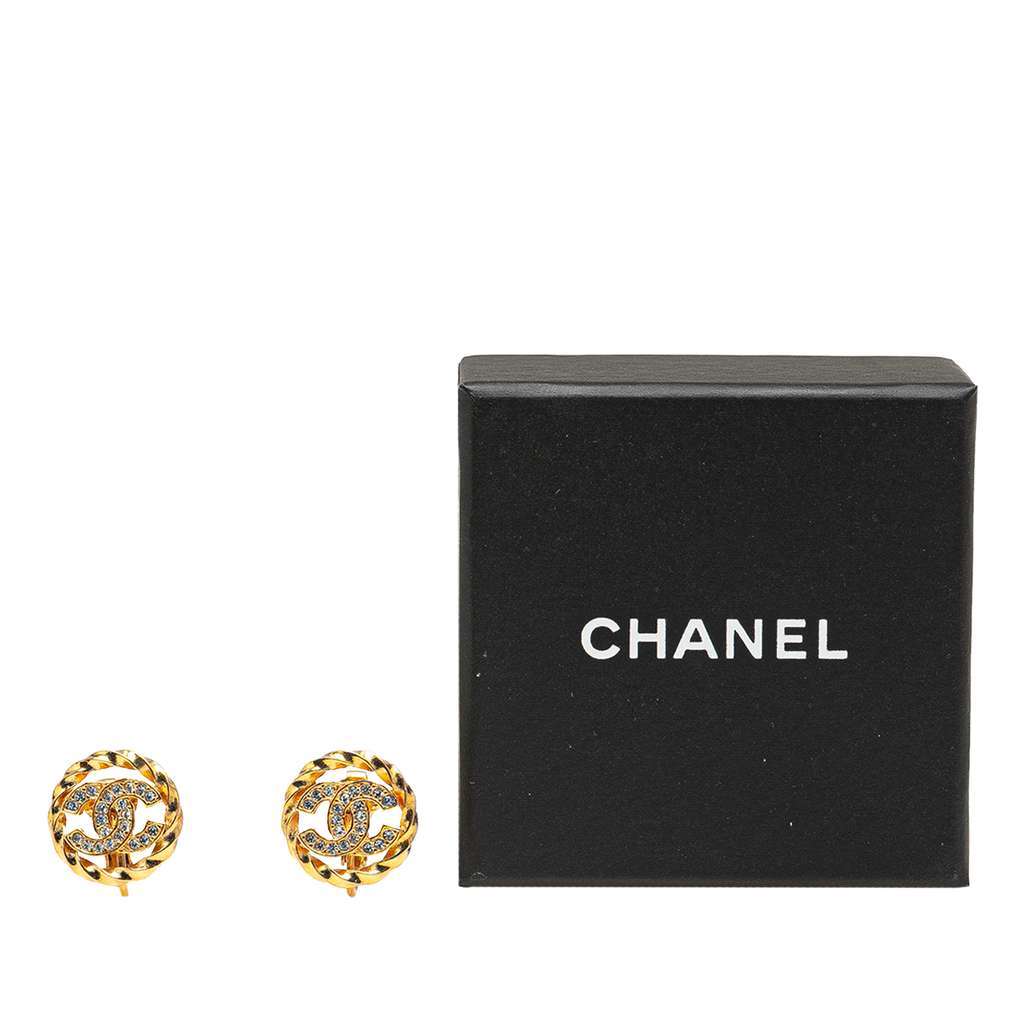 Chanel Gold Plated CC Crystal Clip On Earrings Gold Metal Good - Box View