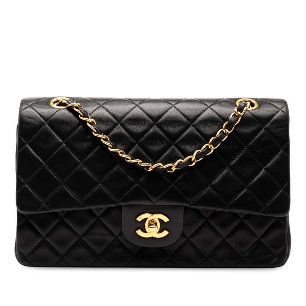 Chanel Medium Classic Lambskin Double Flap Black Leather Good - Front View