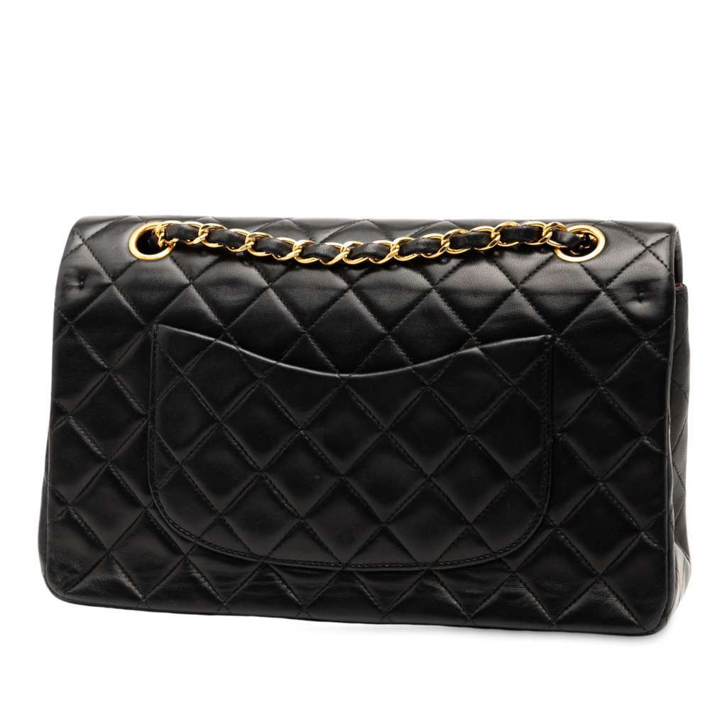 Chanel Medium Classic Lambskin Double Flap Black Leather Good - Back View