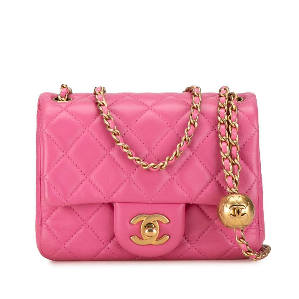 Chanel Mini Square Classic Lambskin Pearl Crush Single Flap Pink Leather Very good - Front View