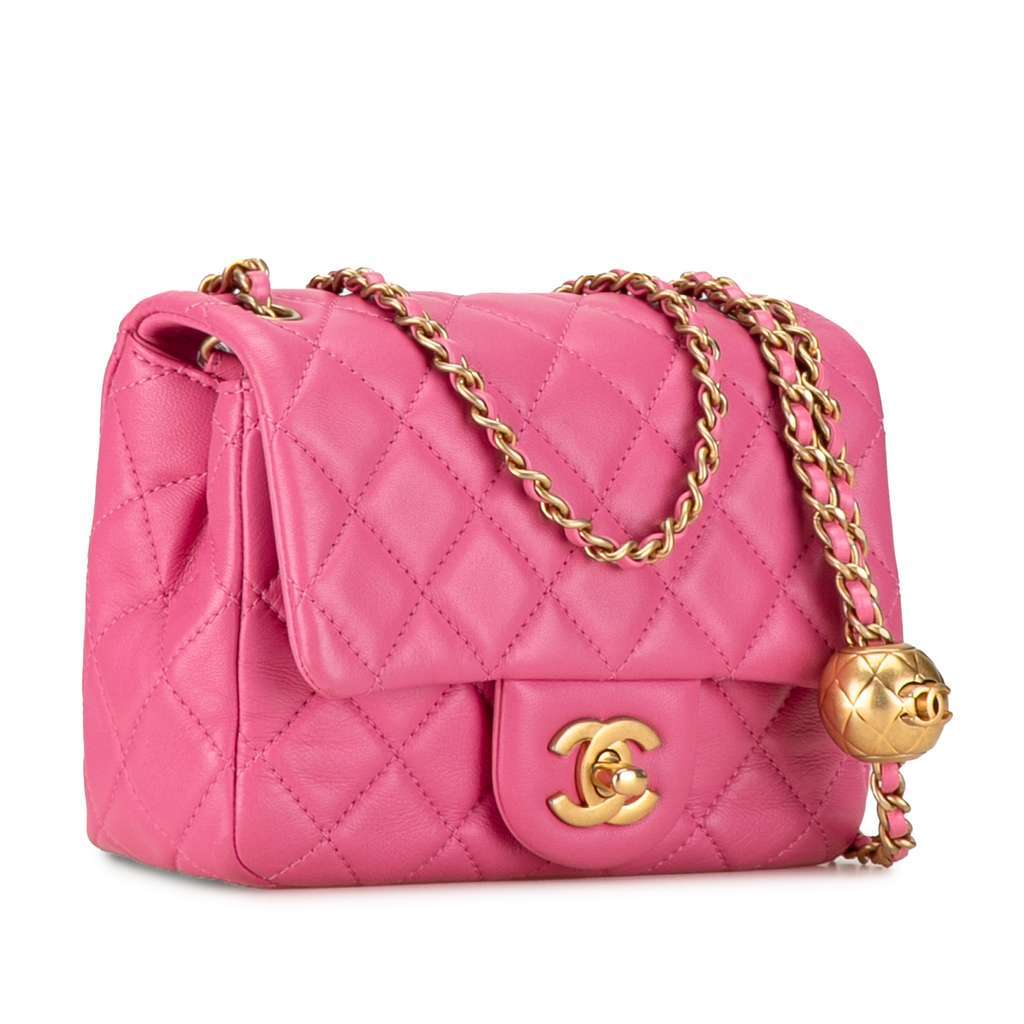 Chanel Mini Square Classic Lambskin Pearl Crush Single Flap Pink Leather Very good - Back View