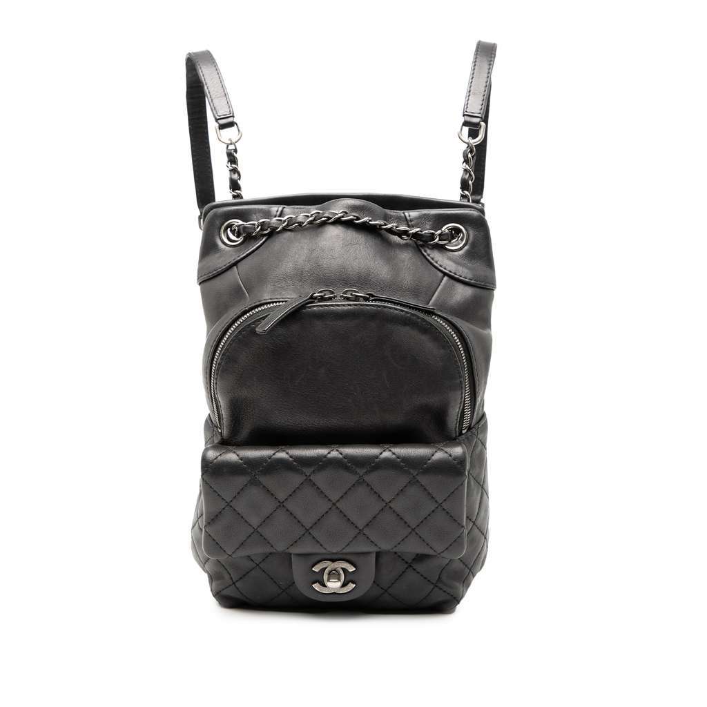 Chanel Small CC Calfskin Drawstring Flap Backpack Black Leather Very good - Front View