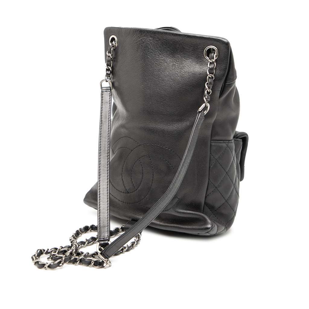 Chanel Small CC Calfskin Drawstring Flap Backpack Black Leather Very good - Back View