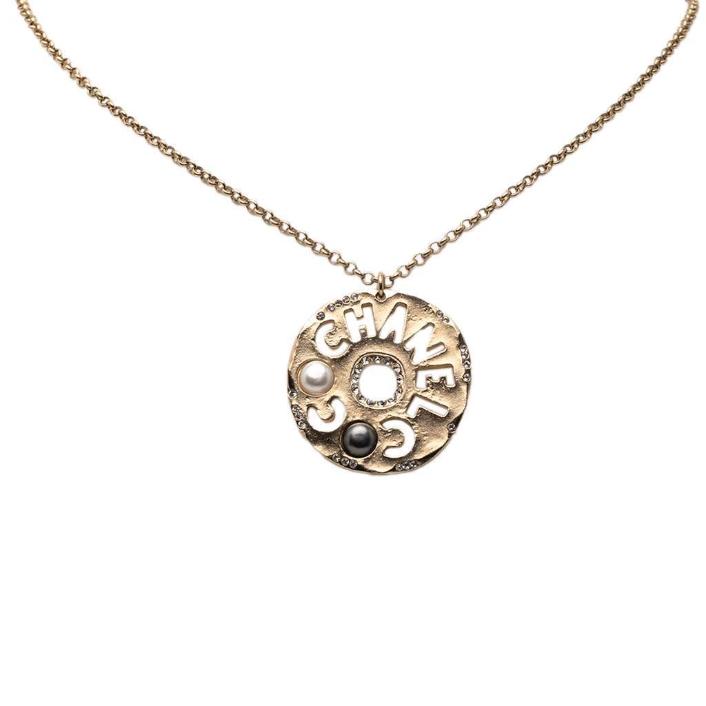 Chanel Gold Plated Faux Pearl and Rhinestone Logo Pendant Necklace Gold Metal Good condition - Front View