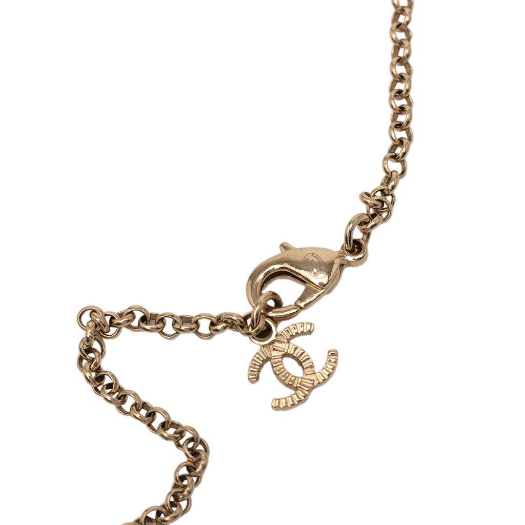 Chanel Gold Plated Faux Pearl and Rhinestone Logo Pendant Necklace Gold Metal Good condition - Inside View