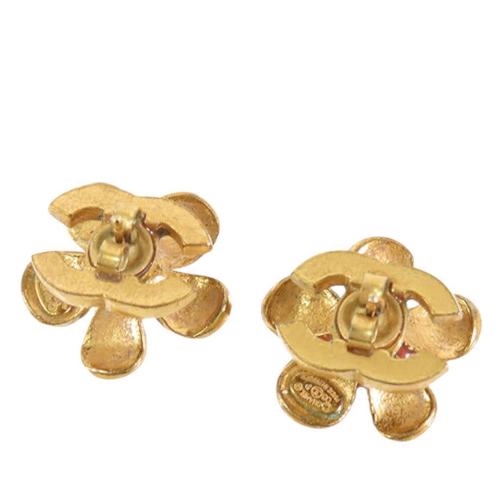 Chanel Gold Plated Resin CC Flower Push Back Earrings Orange Good - Back View