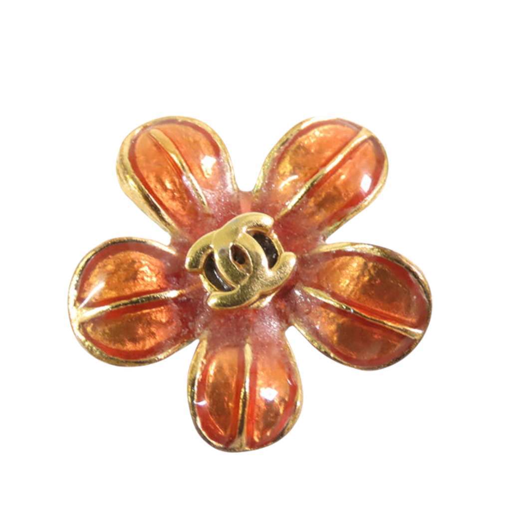 Chanel Gold Plated Resin CC Flower Push Back Earrings Orange Good - Inside View