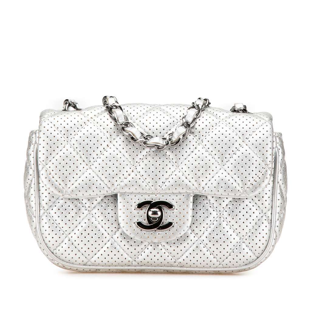 Chanel Mini Perforated Lambskin Punch Flap Silver Leather Very good - Front View