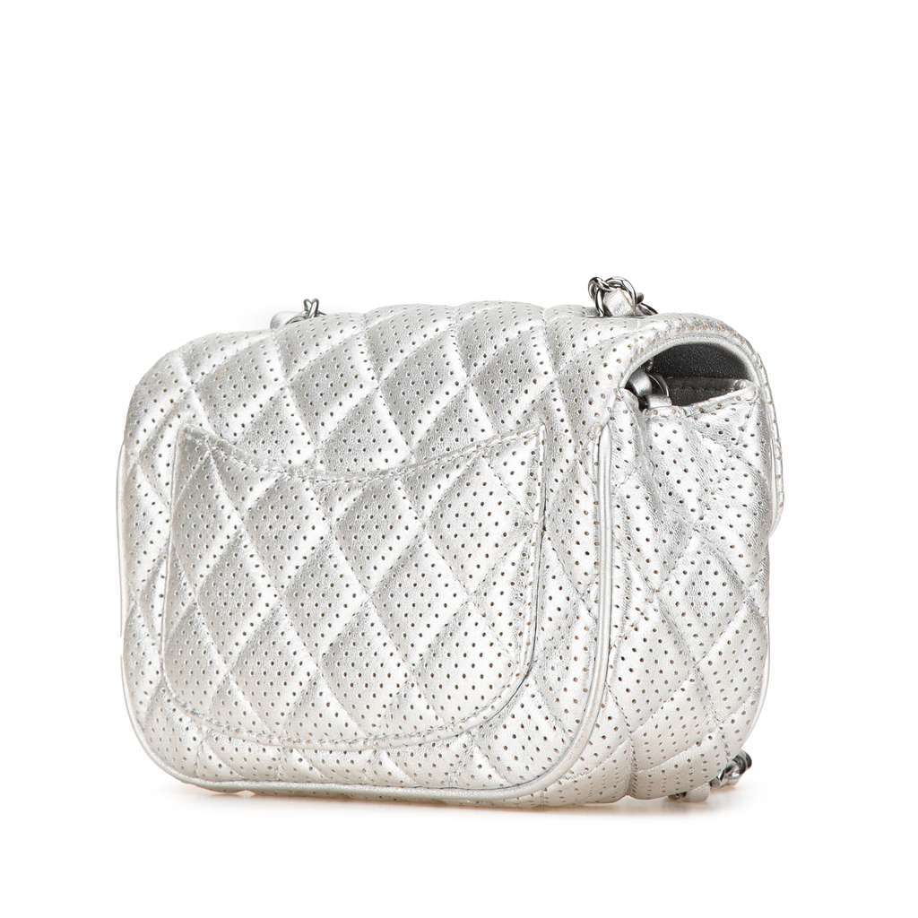 Chanel Mini Perforated Lambskin Punch Flap Silver Leather Very good - Back View