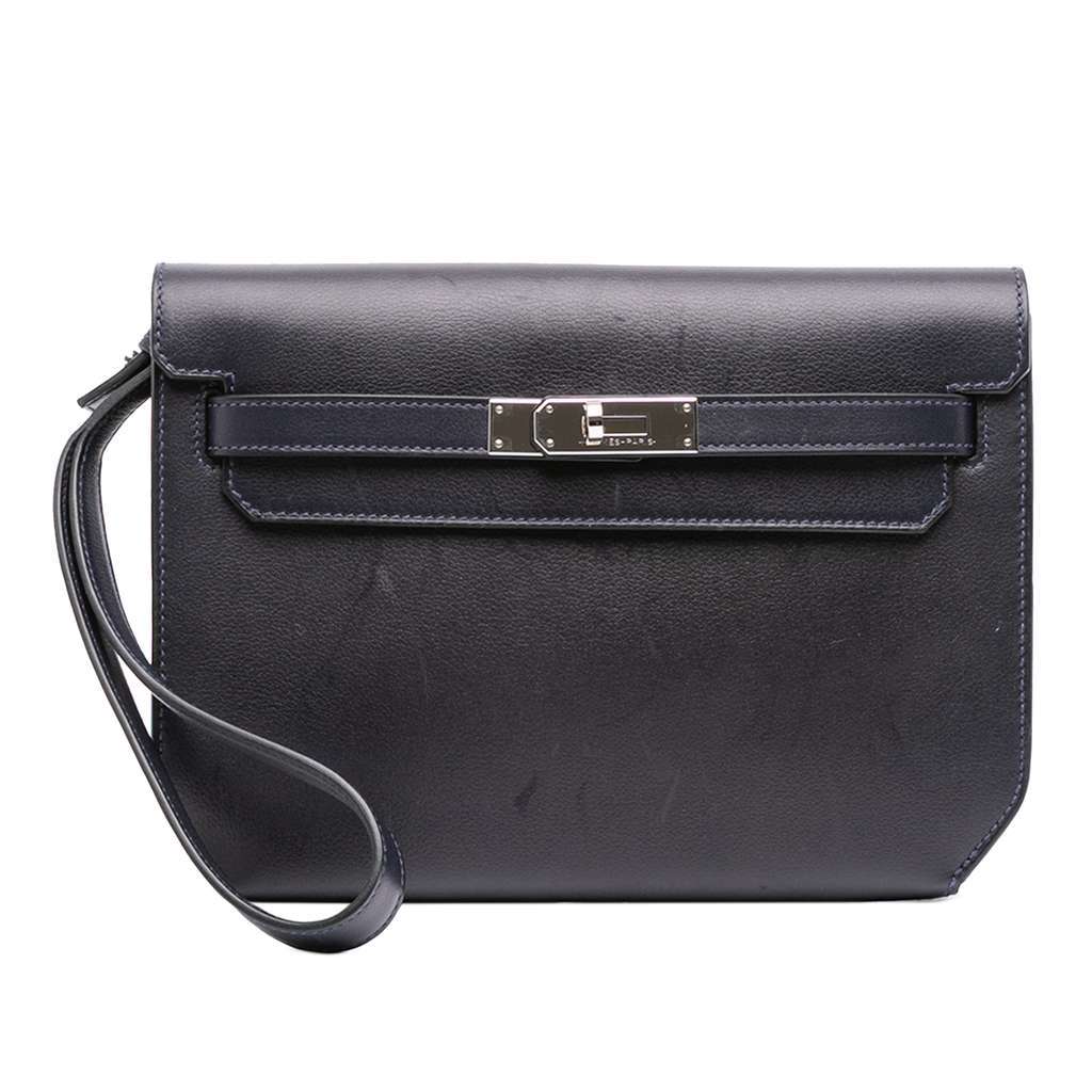 Hermès Evergrain Kelly Depeches Pouch 25 Blue Leather Very good condition - Front View