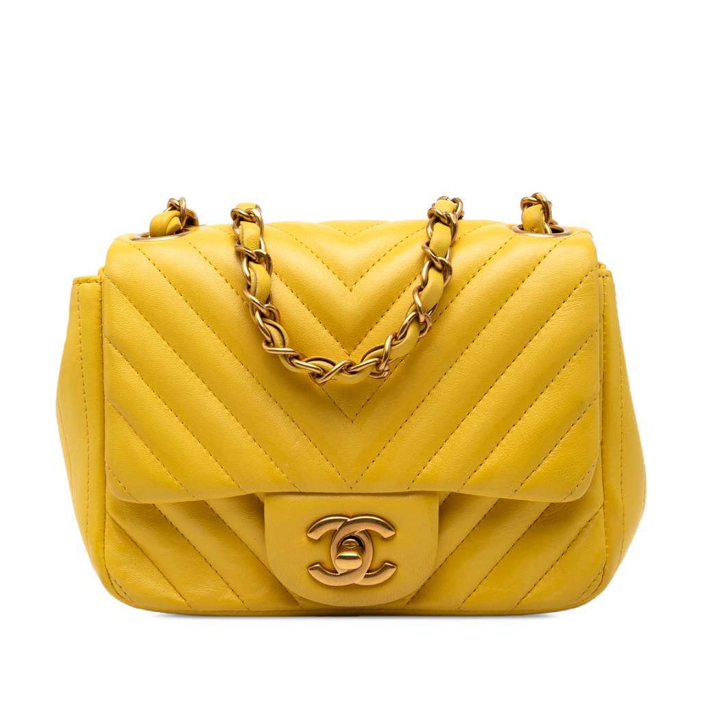 Chanel Mini Square Classic Chevron Lambskin Single Flap Yellow Leather Good condition - Front View