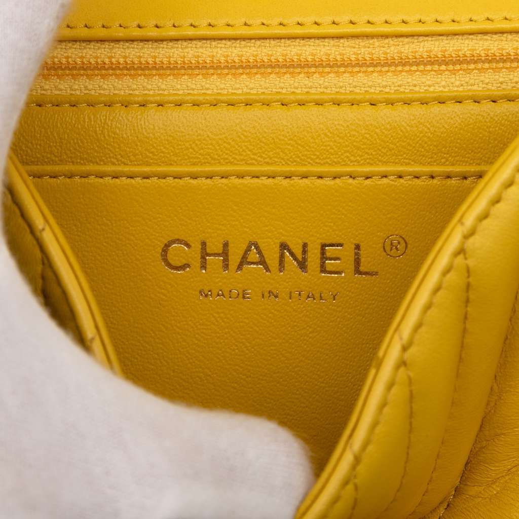 Chanel Mini Square Classic Chevron Lambskin Single Flap Yellow Leather Good condition - Box View