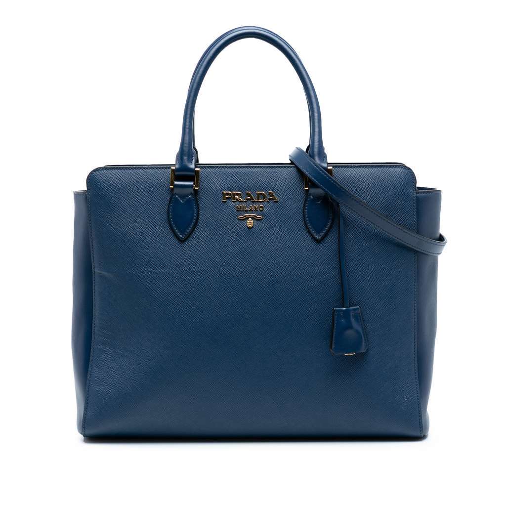Prada Soft Calf Trimmed Saffiano Zippered Convertible Tote Blue Leather Good - Front View