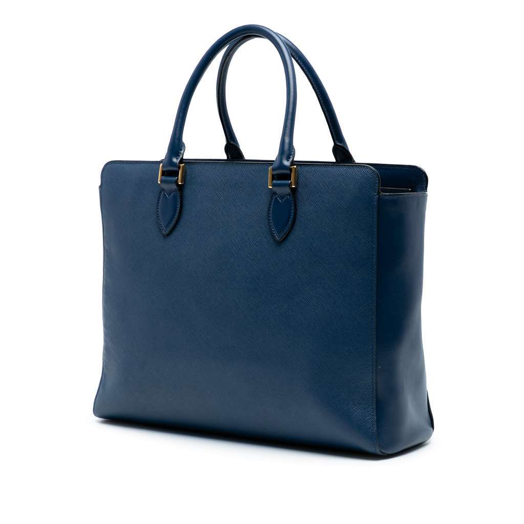 Prada Soft Calf Trimmed Saffiano Zippered Convertible Tote Blue Leather Good - Back View