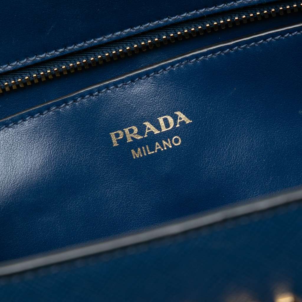 Prada Soft Calf Trimmed Saffiano Zippered Convertible Tote Blue Leather Good - Box View