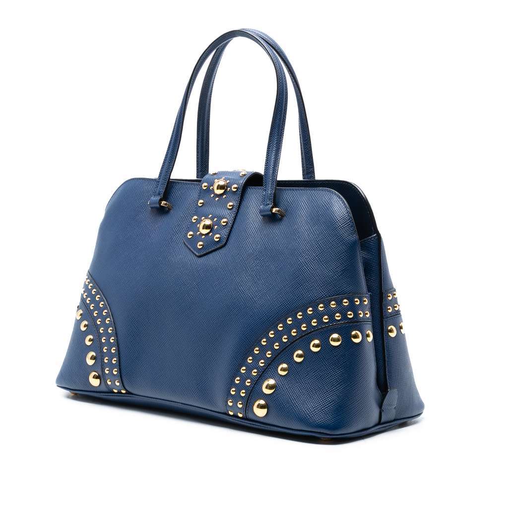 Prada Studded Saffiano Cuir Promenade Satchel Blue Leather Very good - Back View