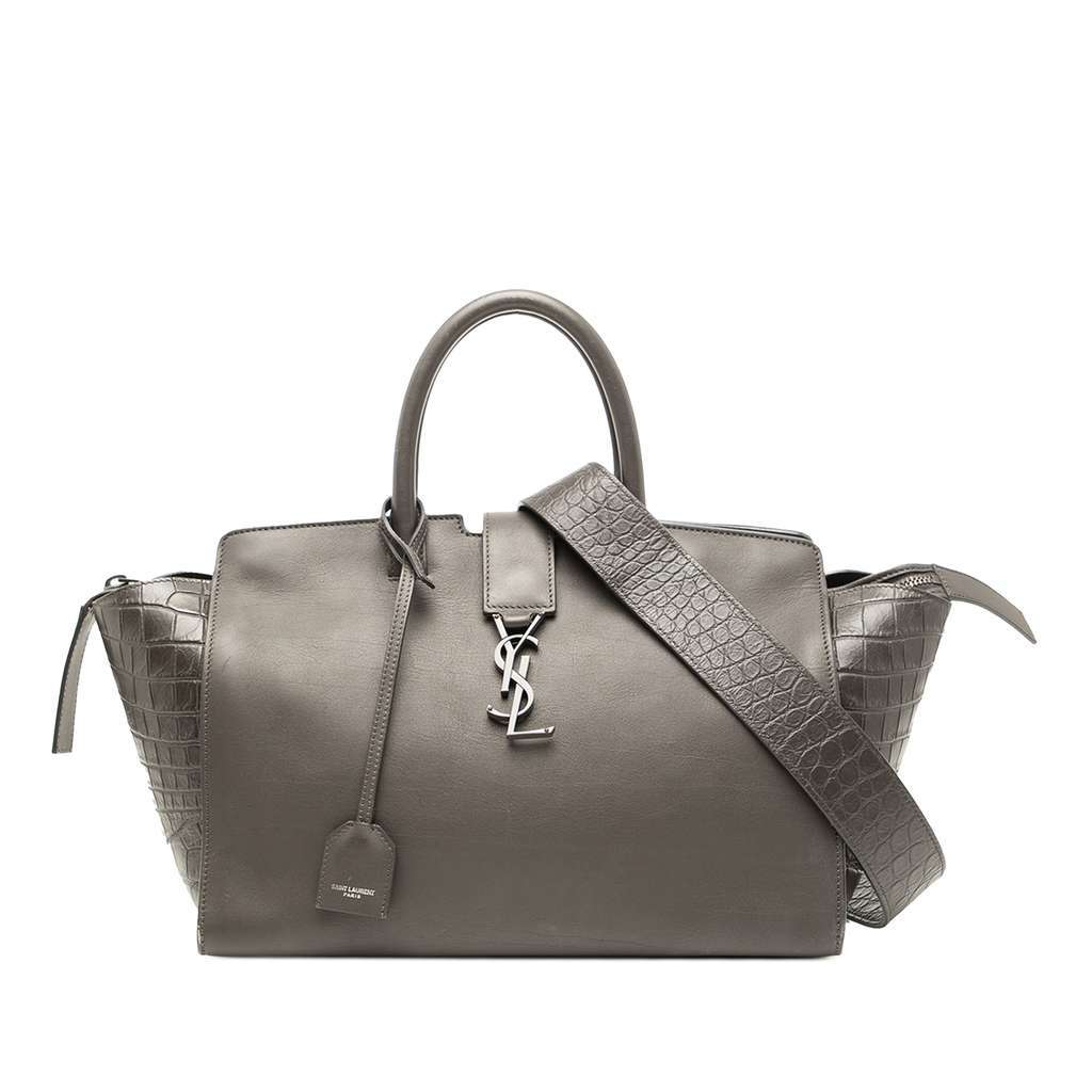 Saint Laurent Small Croc Embossed Trimmed Leather Downtown Cabas Satchel Grey Leather Good - Front View