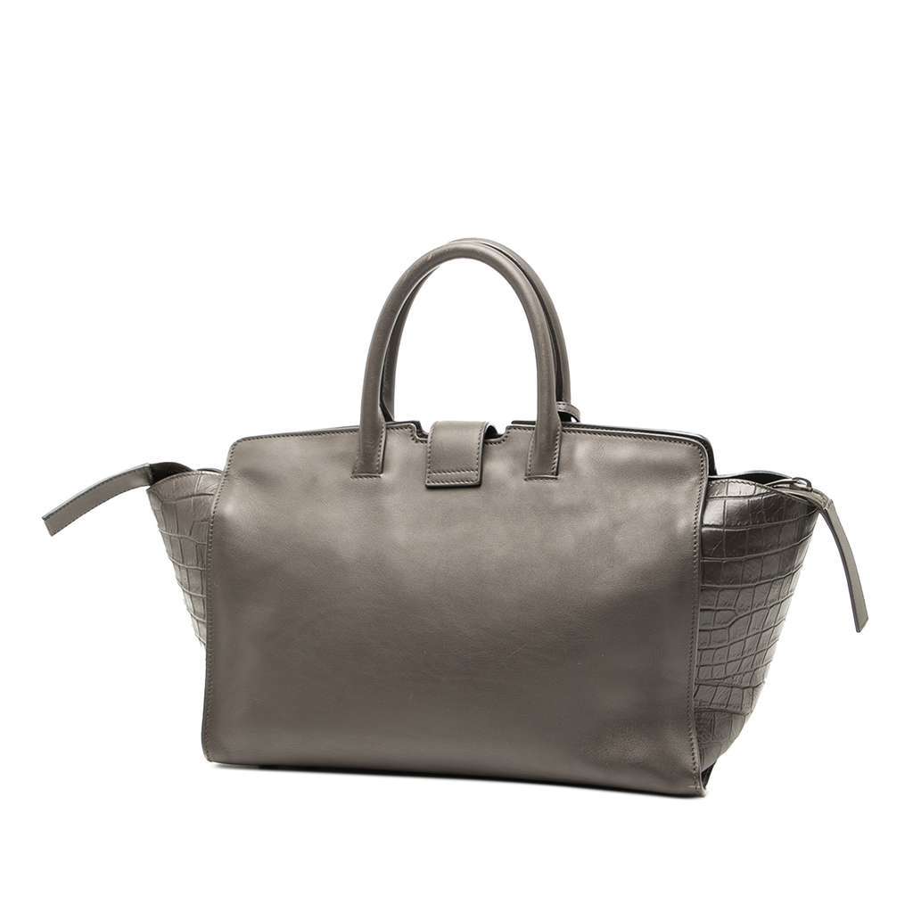 Saint Laurent Small Croc Embossed Trimmed Leather Downtown Cabas Satchel Grey Leather Good - Back View