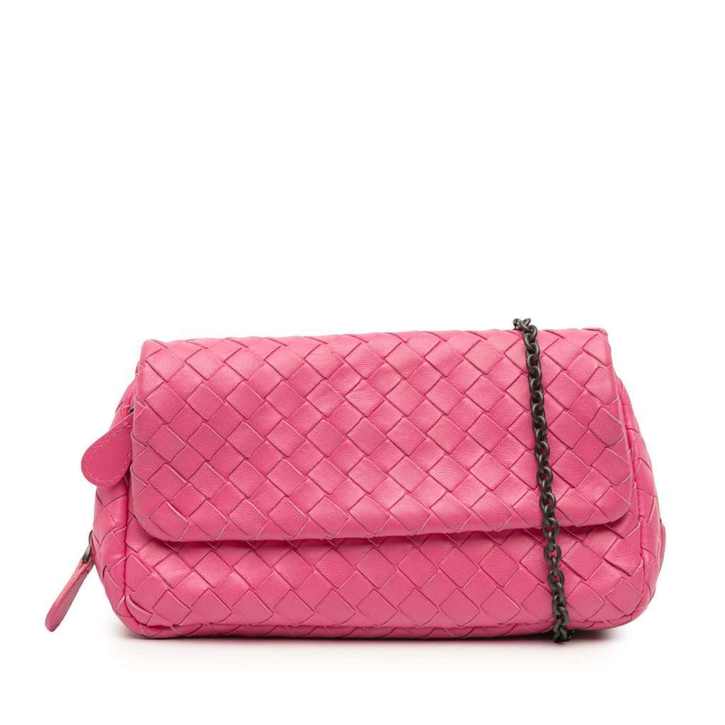 Bottega Veneta Mini Nappa Intrecciato Expandable Chain Flap Crossbody Pink Leather Very good - Front View