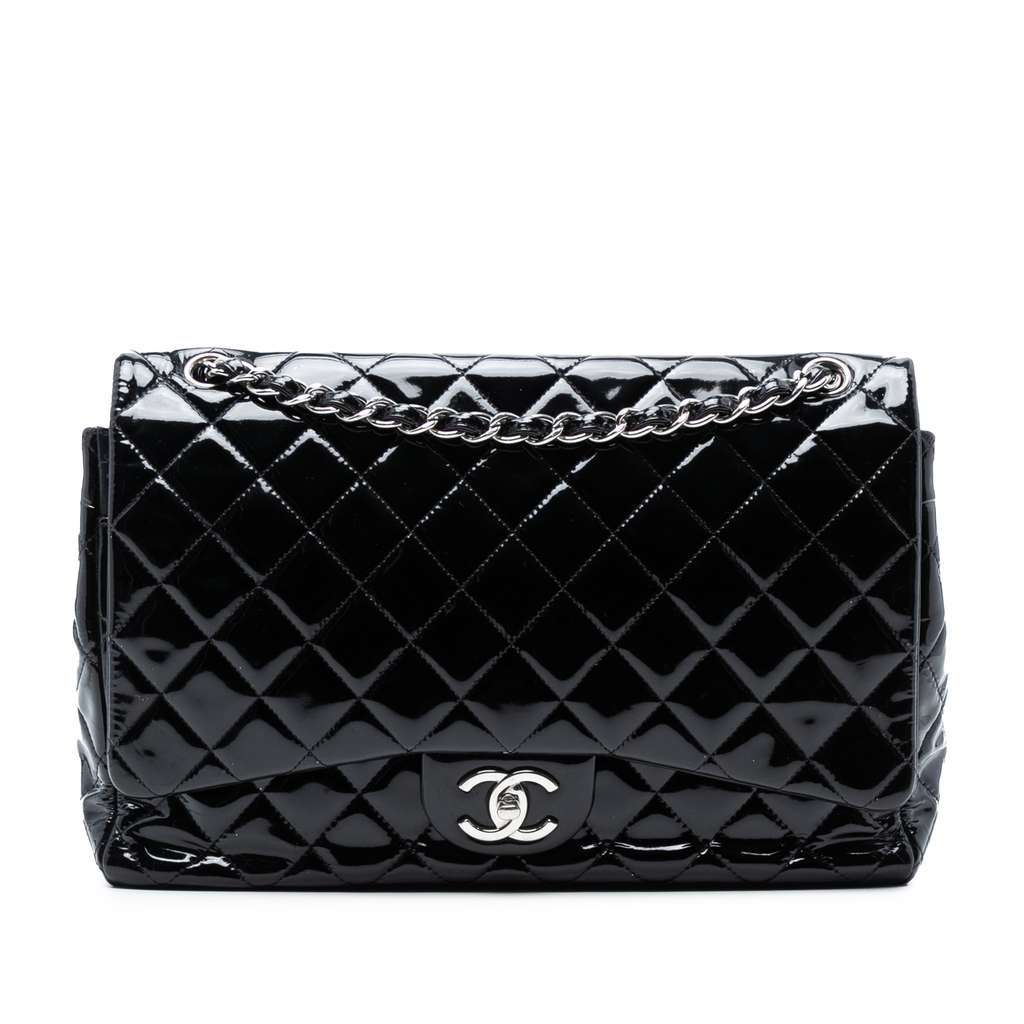Chanel Maxi Classic Patent Double Flap Black Leather Good - Front View